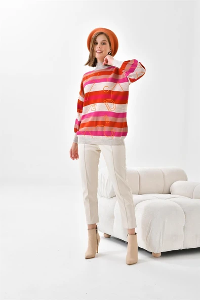 FTZ Women Kadın Geometrik Desenli Kazak  Taş 20109 - Resim 2