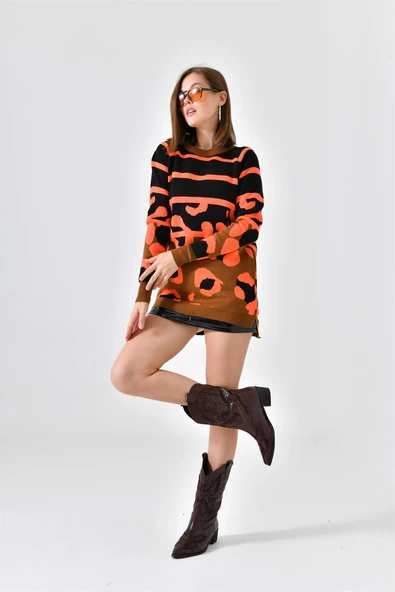 FTZ Women Kadın Leopar Desenli Kazak  Taba 20104 ürün görseli