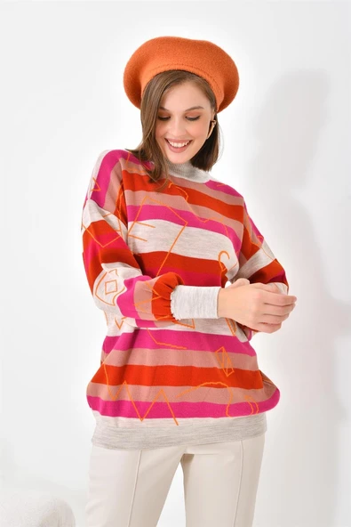 FTZ Women Kadın Geometrik Desenli Kazak  Taş 20109 - Resim 4