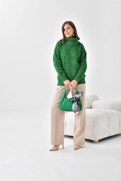 FTZ Women Kadın Degaje Yaka Detaylı Simli Kazak  Benetton 20565 ürün görseli