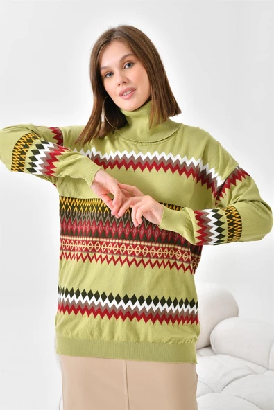 FTZ Women Kadın Etnik Desenli Bluz  Su Yeşili 20075 - Resim 5