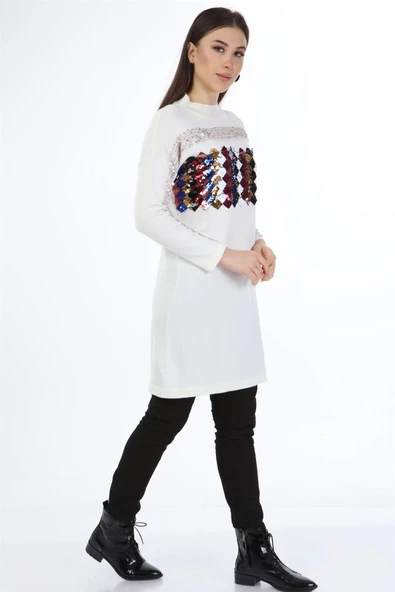 FTZ Women Kadın Önü Pul Payet Triko  Ekru 21-1238 - 2