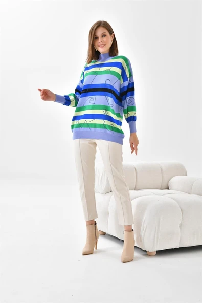 FTZ Women Kadın Geometrik Desenli Kazak  Lila 20109 - Resim 2