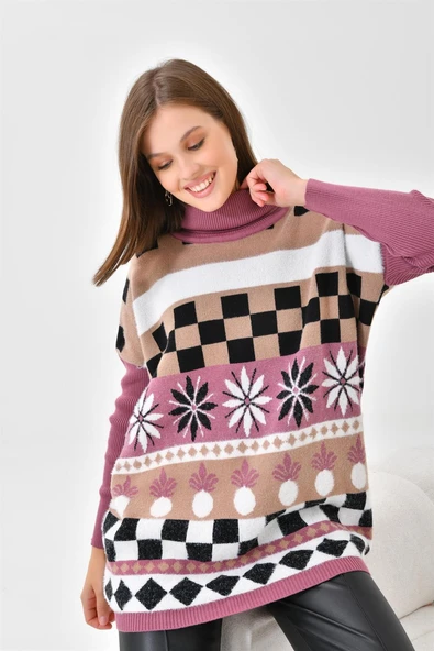 FTZ Women Kadın Karışık Desen Triko Kazak  Gül 20432 - 5