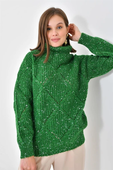 FTZ Women Kadın Degaje Yaka Detaylı Simli Kazak  Benetton 20565 - Resim 3