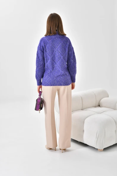 FTZ Women Kadın Degaje Yaka Detaylı Simli Kazak  Mor 20565 - Resim 7