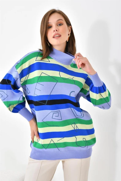 FTZ Women Kadın Geometrik Desenli Kazak  Lila 20109 - Resim 5