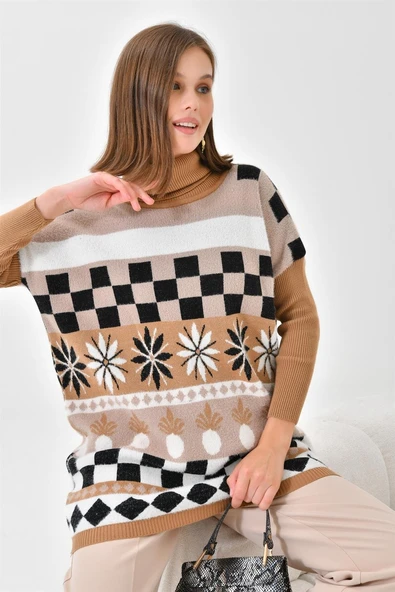 FTZ Women Kadın Karışık Desen Triko Kazak  Bisküvi 20432 - Resim 5