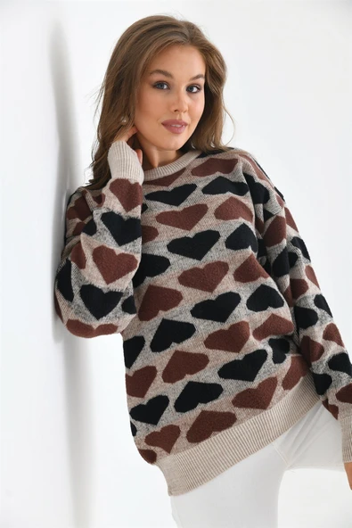 FTZ Women Kadın Kalp Desenli Bluz  Taş 20028 - Resim 2