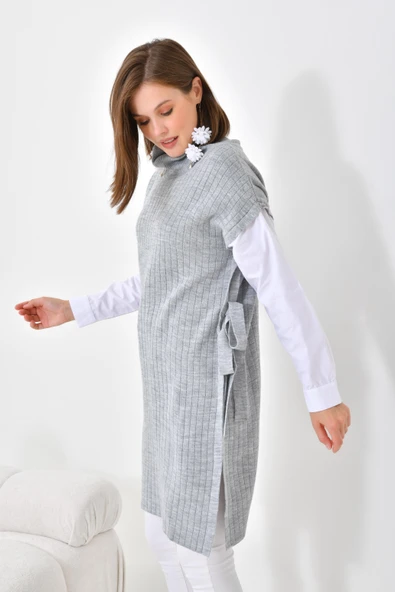 FTZ Women Kadın Gömlek Kol Tunik  Açık Gri 21-6059 - Resim 2