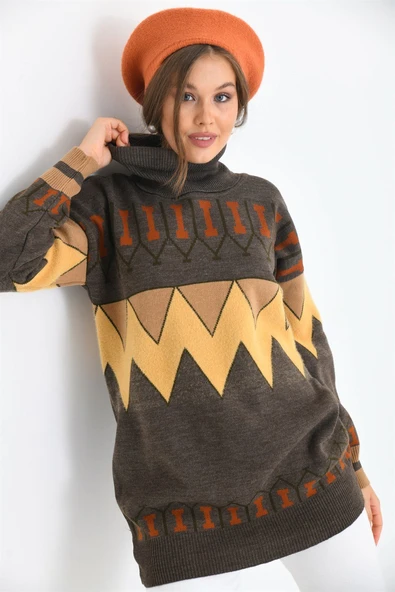 FTZ Women Kadın Zigzag Desen Sakallı Kazak  Kahve 21-6294 - 3