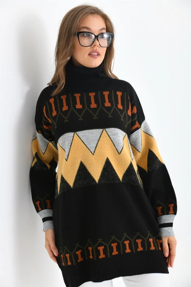 FTZ Women Kadın Zigzag Desen Sakallı Kazak Siyah 21-6294 - 5