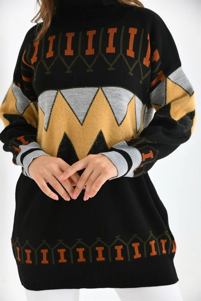 FTZ Women Kadın Zigzag Desen Sakallı Kazak Siyah 21-6294 - 6