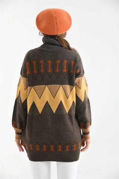 FTZ Women Kadın Zigzag Desen Sakallı Kazak  Kahve 21-6294 - 6