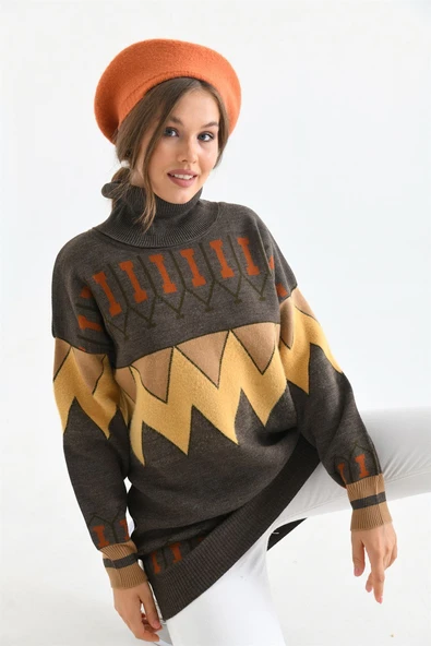 FTZ Women Kadın Zigzag Desen Sakallı Kazak  Kahve 21-6294 - 2