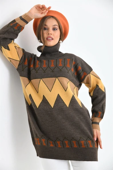 FTZ Women Kadın Zigzag Desen Sakallı Kazak  Kahve 21-6294