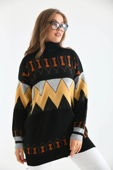 FTZ Women Kadın Zigzag Desen Sakallı Kazak  Siyah 21-6294 - Resim 2