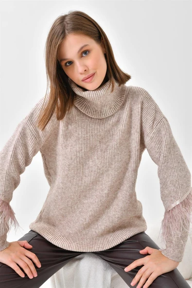 FTZ Women Kadın Kuş Tüyü Detaylı Kazak  Taş 20409 - Resim 6