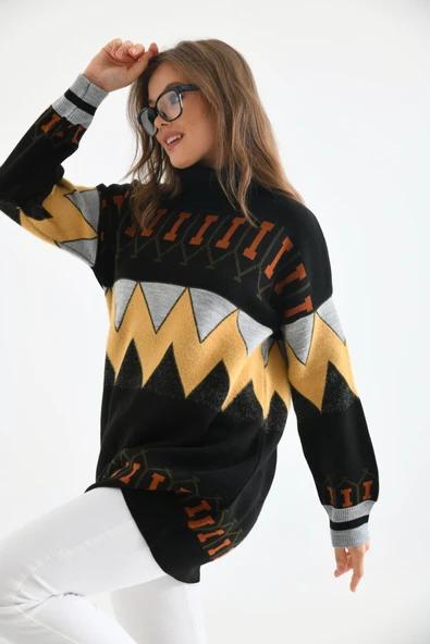 FTZ Women Kadın Zigzag Desen Sakallı Kazak  Siyah 21-6294 - Resim 4