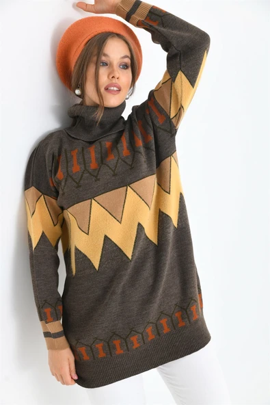 FTZ Women Kadın Zigzag Desen Sakallı Kazak  Kahve 21-6294 - 4