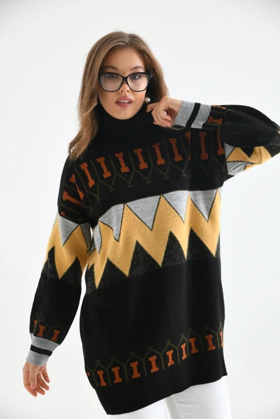 FTZ Women Kadın Zigzag Desen Sakallı Kazak  Siyah 21-6294 - Resim 3