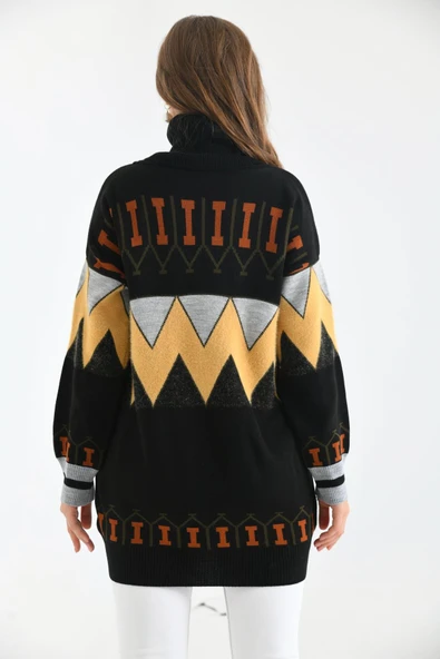 FTZ Women Kadın Zigzag Desen Sakallı Kazak  Siyah 21-6294 - Resim 7