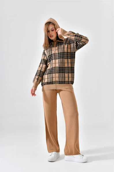 FTZ Women Kadın Fermuar Kapşon Detay İkili Takım  Bisküvi 21-6038 - Resim 3