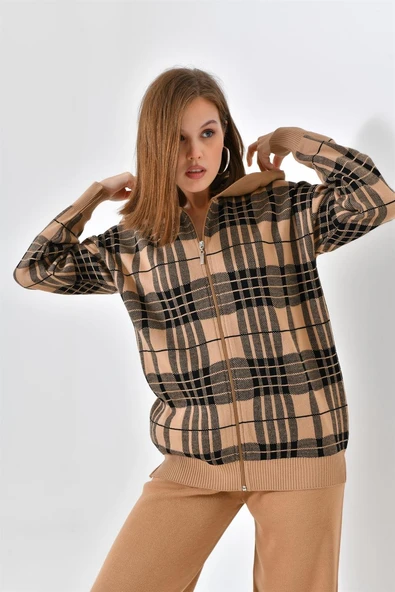 FTZ Women Kadın Fermuar Kapşon Detay İkili Takım  Bisküvi 21-6038 - Resim 4