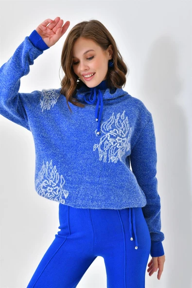 FTZ Women Kadın Çiçek Desen Pantolonlu Takım  Saks Mavi 20592 - 5