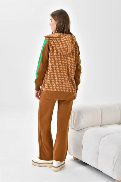 FTZ Women Kadın Kapşonlu Kazayağı Desenli İkili Takım  Taba Bisküvi 20536 - Resim 7