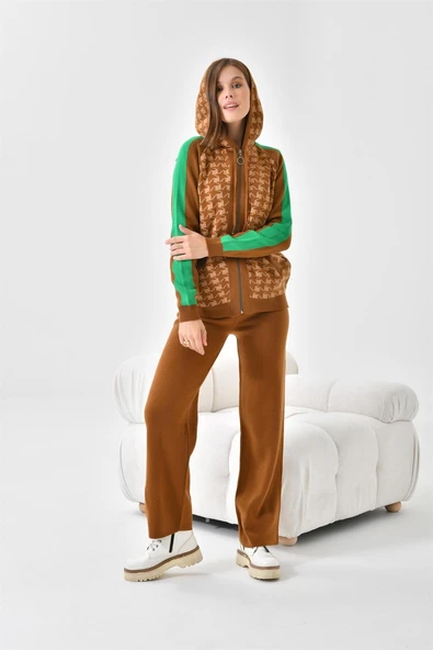 FTZ Women Kadın Kapşonlu Kazayağı Desenli İkili Takım  Taba Bisküvi 20536 - Resim 4