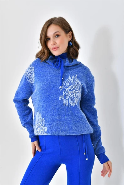 FTZ Women Kadın Çiçek Desen Pantolonlu Takım  Saks Mavi 20592 - Resim 6