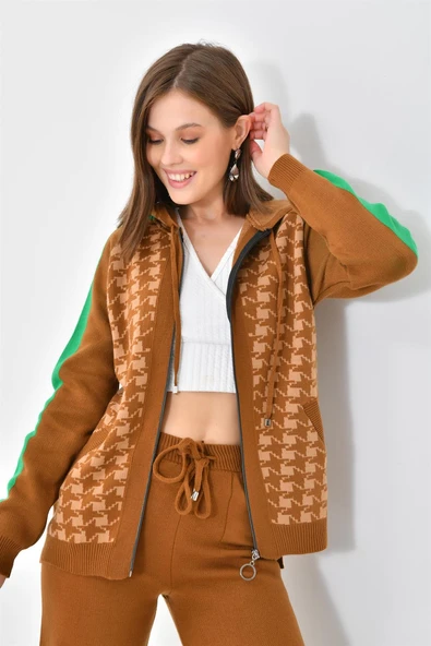 FTZ Women Kadın Kapşonlu Kazayağı Desenli İkili Takım  Taba Bisküvi 20536 - Resim 2