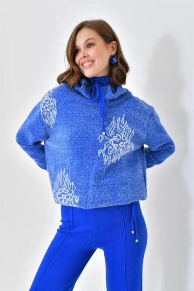 FTZ Women Kadın Çiçek Desen Pantolonlu Takım  Saks Mavi 20592 - Resim 4