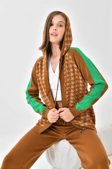 FTZ Women Kadın Kapşonlu Kazayağı Desenli İkili Takım  Taba Bisküvi 20536 - Resim 5