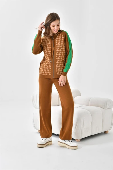 FTZ Women Kadın Kapşonlu Kazayağı Desenli İkili Takım  Taba Bisküvi 20536 - Resim 3