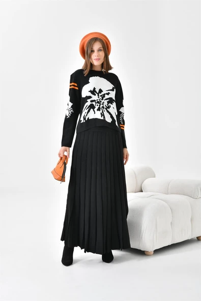 FTZ Women Kadın Çiçek Desen Detaylı Etekli Takım  Siyah 20125 ürün görseli