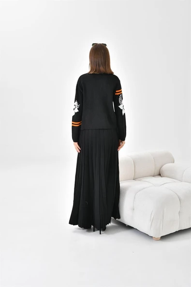 FTZ Women Kadın Çiçek Desen Detaylı Etekli Takım  Siyah 20125 - Resim 7