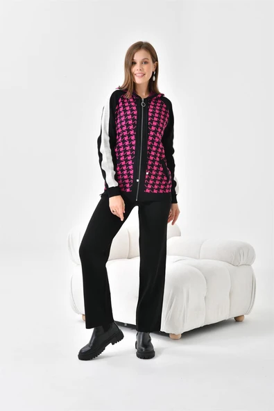 FTZ Women Kadın Kapşonlu Kazayağı Desenli İkili Takım  Siyah Ekru 20536 ürün görseli