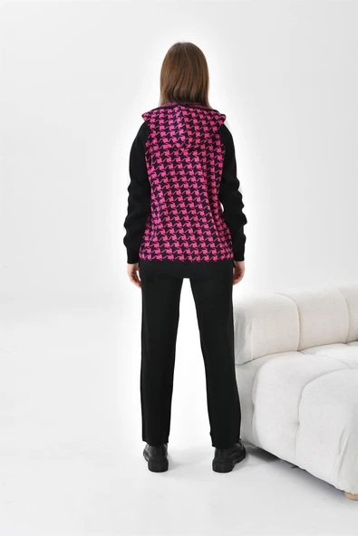 FTZ Women Kadın Kapşonlu Kazayağı Desenli İkili Takım  Siyah Ekru 20536 - Resim 7