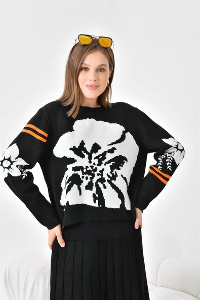 FTZ Women Kadın Çiçek Desen Detaylı Etekli Takım  Siyah 20125 - Resim 5