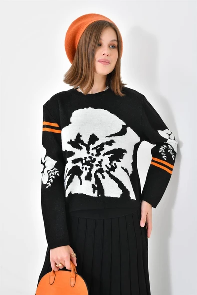 FTZ Women Kadın Çiçek Desen Detaylı Etekli Takım  Siyah 20125 - Resim 3