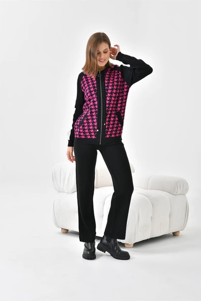 FTZ Women Kadın Kapşonlu Kazayağı Desenli İkili Takım  Siyah Ekru 20536 - Resim 2