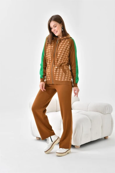 FTZ Women Kadın Kapşonlu Kazayağı Desenli İkili Takım  Taba Bisküvi 20536 ürün görseli 1