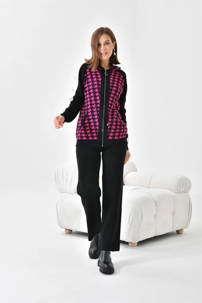 FTZ Women Kadın Kapşonlu Kazayağı Desenli İkili Takım  Siyah Ekru 20536 - Resim 4