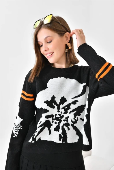 FTZ Women Kadın Çiçek Desen Detaylı Etekli Takım  Siyah 20125 - Resim 6