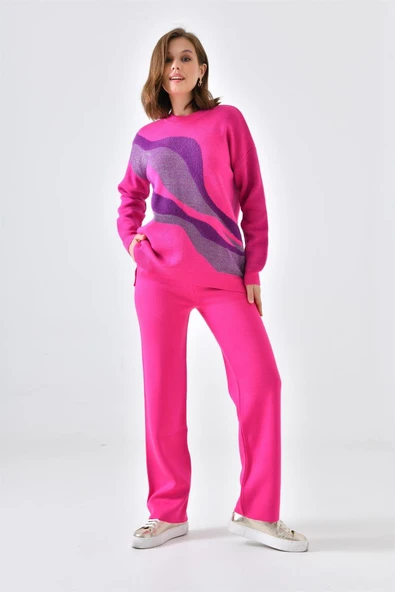 FTZ Women Kadın Sim Detaylı Pantolonlu Takım  Fuşya 20508 - Resim 2