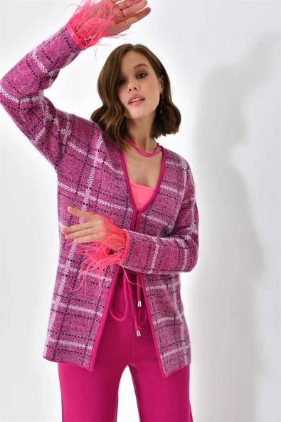 FTZ Women Kadın Kuş Tüyü Detaylı Pantolonlu Takım  Fuşya 20572 - 5