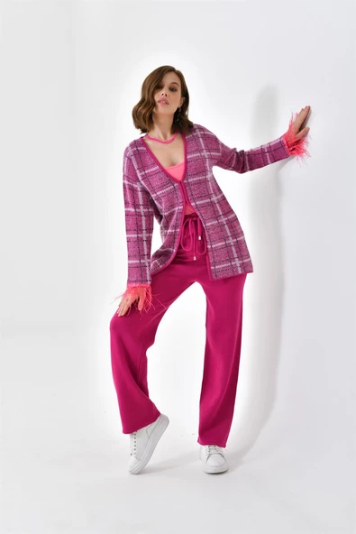 FTZ Women Kadın Kuş Tüyü Detaylı Pantolonlu Takım  Fuşya 20572 - 4