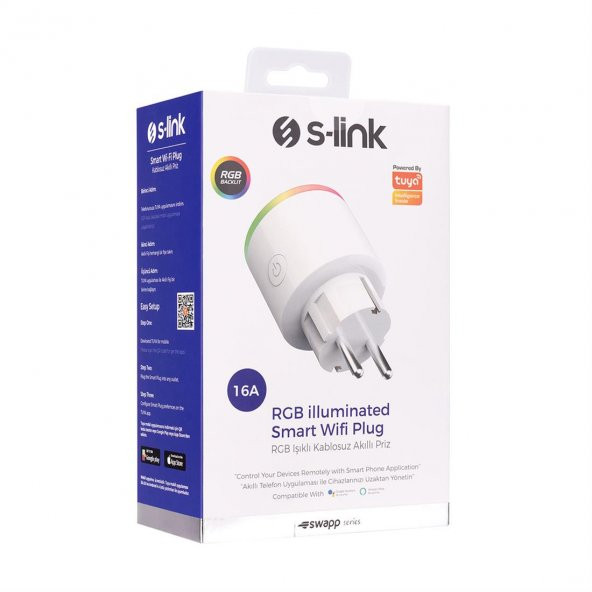 S-Link SL-03 16A Akım Korumalı Akıllı Priz RGB Işıklı 2,4G Wifi-Bt Tuya Destekli - 37622